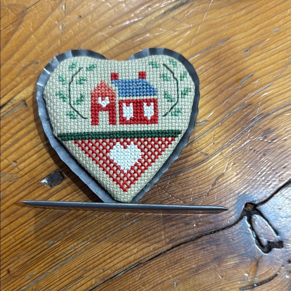 Heart Needlepoint Pin Cushion Schoolhouse with paper holder clip frame